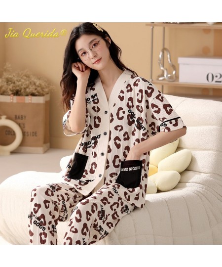 Fashion Summer Pajamas Women Thin Homesuit Short Sleeved Long Pants Cotton Kawaii Bear Printing Sleepwear Cardigan Nightwear ...