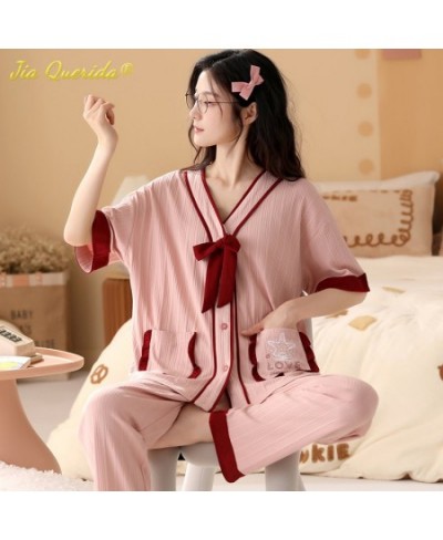 Fashion Summer Pajamas Women Thin Homesuit Short Sleeved Long Pants Cotton Kawaii Bear Printing Sleepwear Cardigan Nightwear ...