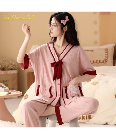 Fashion Summer Pajamas Women Thin Homesuit Short Sleeved Long Pants Cotton Kawaii Bear Printing Sleepwear Cardigan Nightwear ...