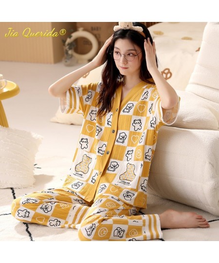 Fashion Summer Pajamas Women Thin Homesuit Short Sleeved Long Pants Cotton Kawaii Bear Printing Sleepwear Cardigan Nightwear ...