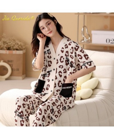 Fashion Summer Pajamas Women Thin Homesuit Short Sleeved Long Pants Cotton Kawaii Bear Printing Sleepwear Cardigan Nightwear ...