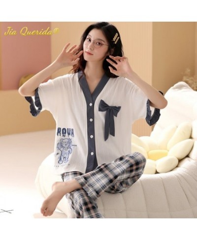 Fashion Summer Pajamas Women Thin Homesuit Short Sleeved Long Pants Cotton Kawaii Bear Printing Sleepwear Cardigan Nightwear ...