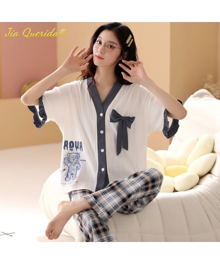 Fashion Summer Pajamas Women Thin Homesuit Short Sleeved Long Pants Cotton Kawaii Bear Printing Sleepwear Cardigan Nightwear ...