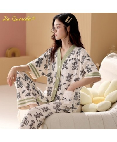 Fashion Summer Pajamas Women Thin Homesuit Short Sleeved Long Pants Cotton Kawaii Bear Printing Sleepwear Cardigan Nightwear ...