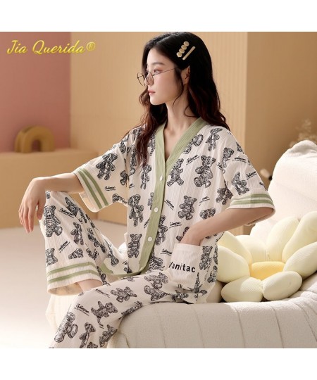 Fashion Summer Pajamas Women Thin Homesuit Short Sleeved Long Pants Cotton Kawaii Bear Printing Sleepwear Cardigan Nightwear ...