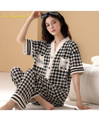 Fashion Summer Pajamas Women Thin Homesuit Short Sleeved Long Pants Cotton Kawaii Bear Printing Sleepwear Cardigan Nightwear ...