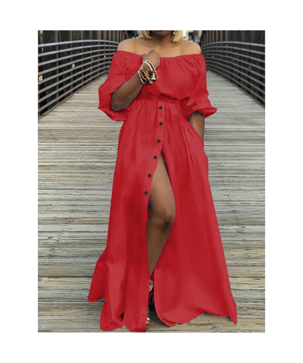 Women Sexy Off Shoulder Dress 2023 Summer Holiday High Waist Maxi Vestidos Female Casual Loose High Split Buttons Robes $45.6...