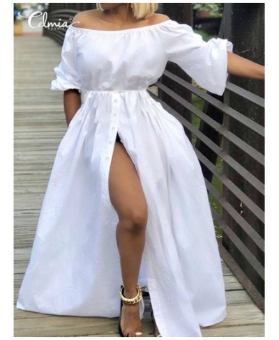 Women Sexy Off Shoulder Dress 2023 Summer Holiday High Waist Maxi Vestidos Female Casual Loose High Split Buttons Robes $45.6...