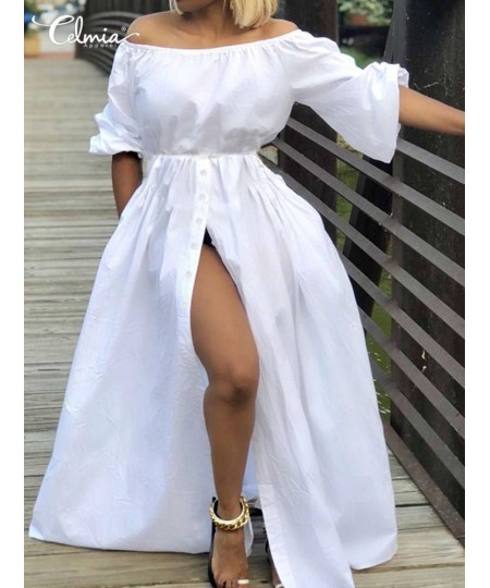 Women Sexy Off Shoulder Dress 2023 Summer Holiday High Waist Maxi Vestidos Female Casual Loose High Split Buttons Robes $45.6...