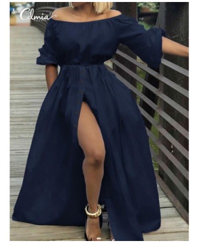 Women Sexy Off Shoulder Dress 2023 Summer Holiday High Waist Maxi Vestidos Female Casual Loose High Split Buttons Robes $45.6...