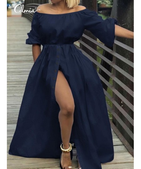 Women Sexy Off Shoulder Dress 2023 Summer Holiday High Waist Maxi Vestidos Female Casual Loose High Split Buttons Robes $45.6...