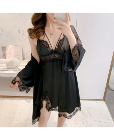 Lace 2pcs Kimono Bathrobe Nightgown Set Satin Sleepwear Summer Women Night Dress Hollow Out Robe Gown Suit Casual Homewear $4...