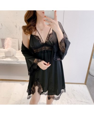 Lace 2pcs Kimono Bathrobe Nightgown Set Satin Sleepwear Summer Women Night Dress Hollow Out Robe Gown Suit Casual Homewear $4...