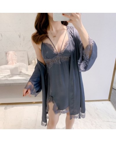 Lace 2pcs Kimono Bathrobe Nightgown Set Satin Sleepwear Summer Women Night Dress Hollow Out Robe Gown Suit Casual Homewear $4...