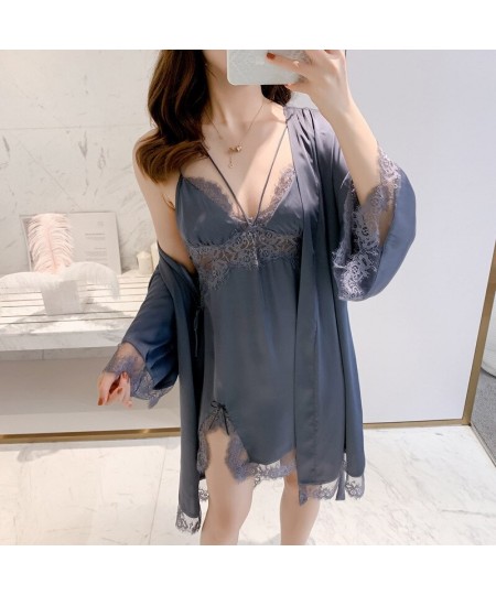 Lace 2pcs Kimono Bathrobe Nightgown Set Satin Sleepwear Summer Women Night Dress Hollow Out Robe Gown Suit Casual Homewear $4...