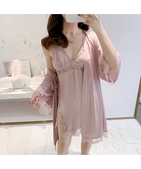 Lace 2pcs Kimono Bathrobe Nightgown Set Satin Sleepwear Summer Women Night Dress Hollow Out Robe Gown Suit Casual Homewear $4...