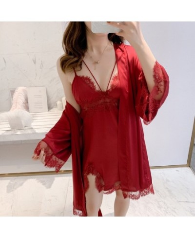 Lace 2pcs Kimono Bathrobe Nightgown Set Satin Sleepwear Summer Women Night Dress Hollow Out Robe Gown Suit Casual Homewear $4...