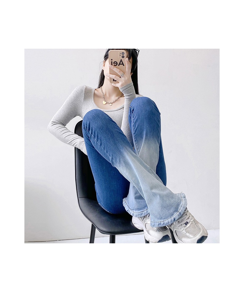 2022 Fall Tie Dye Gradient Blue Stretch Flare Jeans Women Slim Fit Denim Trousers Full Length Horseshoe Pants Streetwear 3650...