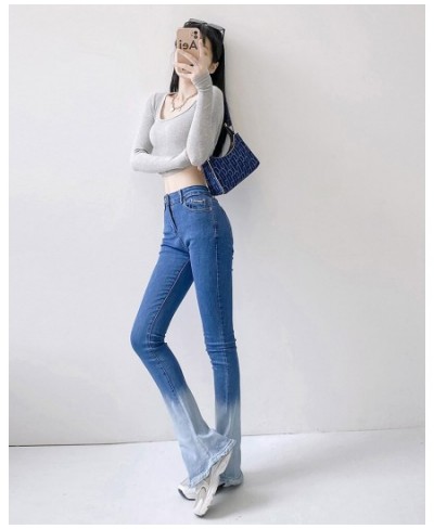 2022 Fall Tie Dye Gradient Blue Stretch Flare Jeans Women Slim Fit Denim Trousers Full Length Horseshoe Pants Streetwear 3650...