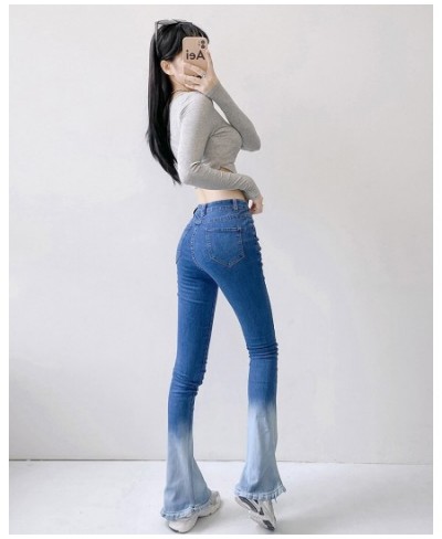 2022 Fall Tie Dye Gradient Blue Stretch Flare Jeans Women Slim Fit Denim Trousers Full Length Horseshoe Pants Streetwear 3650...