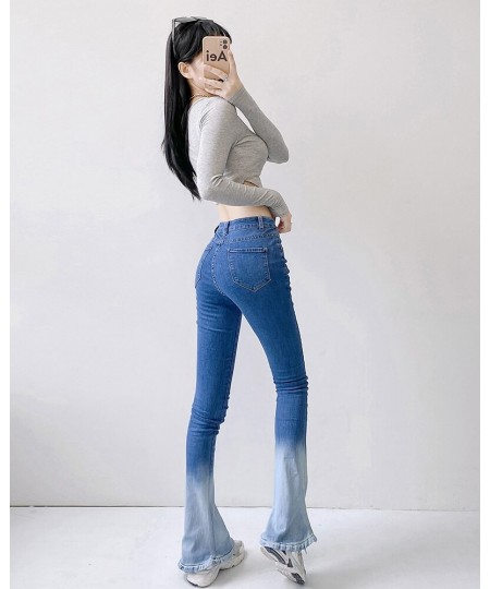 2022 Fall Tie Dye Gradient Blue Stretch Flare Jeans Women Slim Fit Denim Trousers Full Length Horseshoe Pants Streetwear 3650...