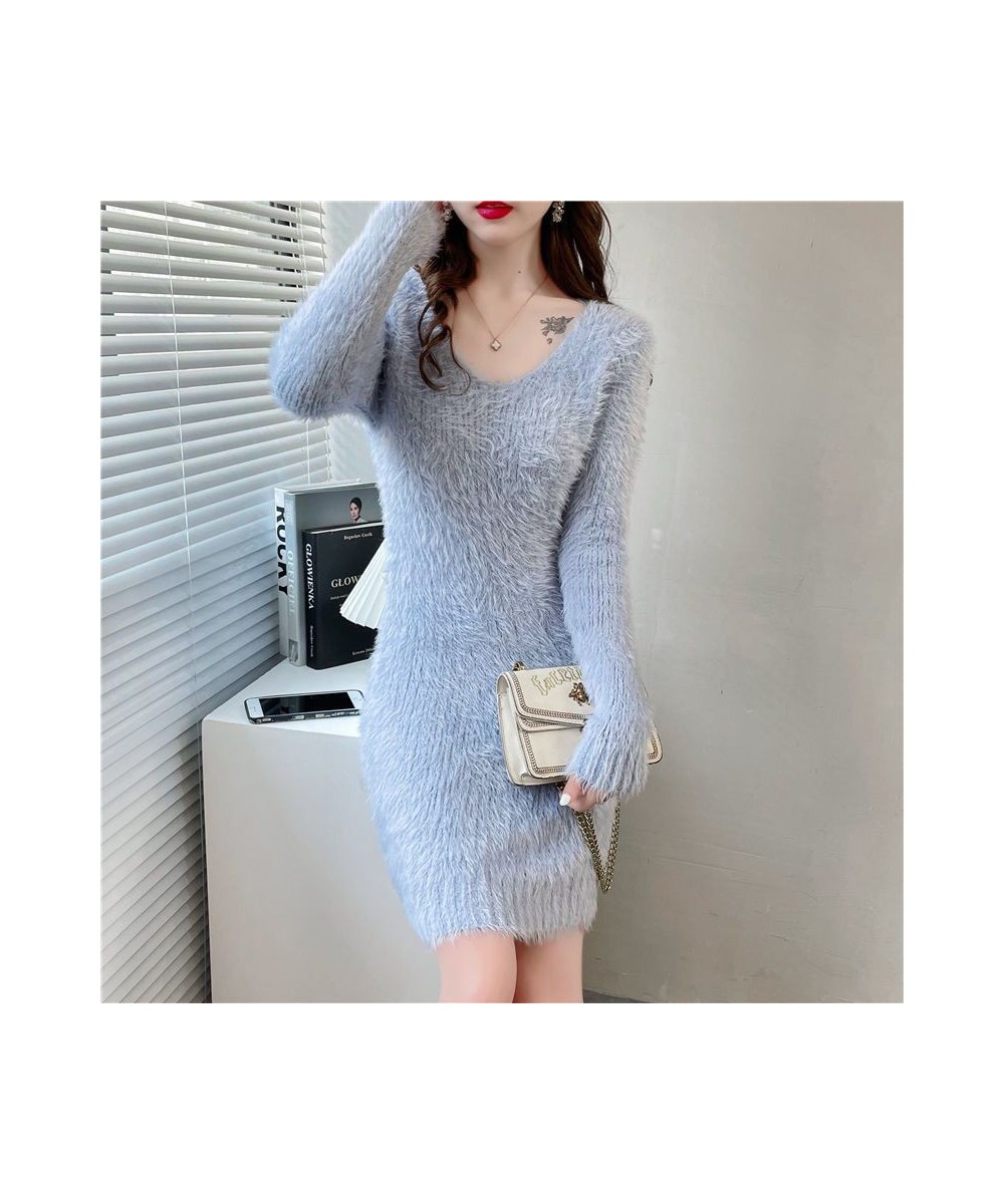 Imitation Mink women's Knit Dress Autumn Winter Elasticity Slim Bottoming Sweater Long Sleeve V Neck Office Lady Elegant Dres...