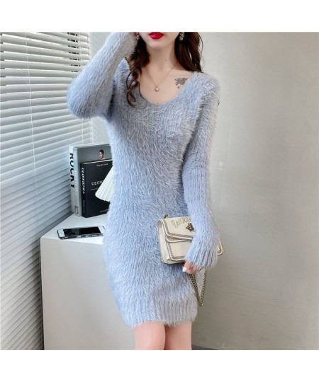 Imitation Mink women's Knit Dress Autumn Winter Elasticity Slim Bottoming Sweater Long Sleeve V Neck Office Lady Elegant Dres...