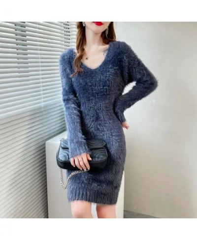 Imitation Mink women's Knit Dress Autumn Winter Elasticity Slim Bottoming Sweater Long Sleeve V Neck Office Lady Elegant Dres...