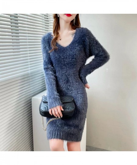 Imitation Mink women's Knit Dress Autumn Winter Elasticity Slim Bottoming Sweater Long Sleeve V Neck Office Lady Elegant Dres...