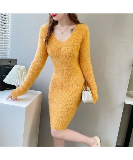 Imitation Mink women's Knit Dress Autumn Winter Elasticity Slim Bottoming Sweater Long Sleeve V Neck Office Lady Elegant Dres...