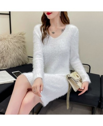 Imitation Mink women's Knit Dress Autumn Winter Elasticity Slim Bottoming Sweater Long Sleeve V Neck Office Lady Elegant Dres...