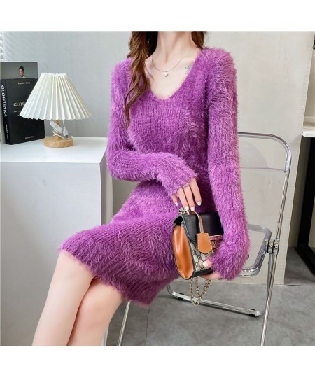 Imitation Mink women's Knit Dress Autumn Winter Elasticity Slim Bottoming Sweater Long Sleeve V Neck Office Lady Elegant Dres...