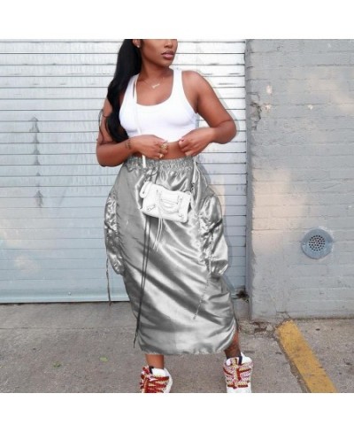 Pocket Long Loose Metallic Silver Cargo Skirt Green Reflective Y2K High Waist Straight Shiny Skirts Grunge Fashion Woman $42....