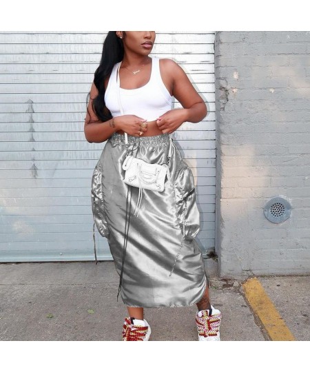 Pocket Long Loose Metallic Silver Cargo Skirt Green Reflective Y2K High Waist Straight Shiny Skirts Grunge Fashion Woman $42....