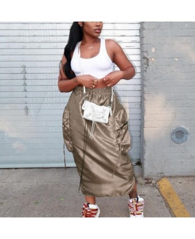 Pocket Long Loose Metallic Silver Cargo Skirt Green Reflective Y2K High Waist Straight Shiny Skirts Grunge Fashion Woman $42....