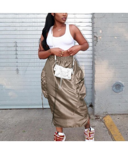 Pocket Long Loose Metallic Silver Cargo Skirt Green Reflective Y2K High Waist Straight Shiny Skirts Grunge Fashion Woman $42....