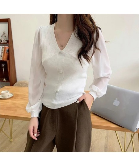 V-neck Knitwear Autumn Women's New Explosive White Outerwear Pullover Temperament Slim Long-sleeved Top Woman $34.52 - Tops &...