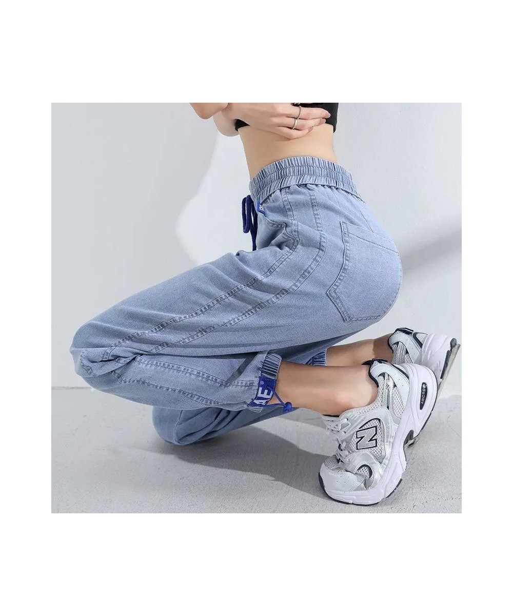 Light Blue Thin High Waist Harem Pants Spring Summer Drawstring Loose Ankle-length Denim Trousers Simple Streetwear Women Pan...