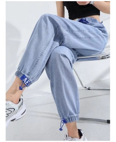 Light Blue Thin High Waist Harem Pants Spring Summer Drawstring Loose Ankle-length Denim Trousers Simple Streetwear Women Pan...