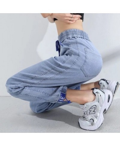 Light Blue Thin High Waist Harem Pants Spring Summer Drawstring Loose Ankle-length Denim Trousers Simple Streetwear Women Pan...