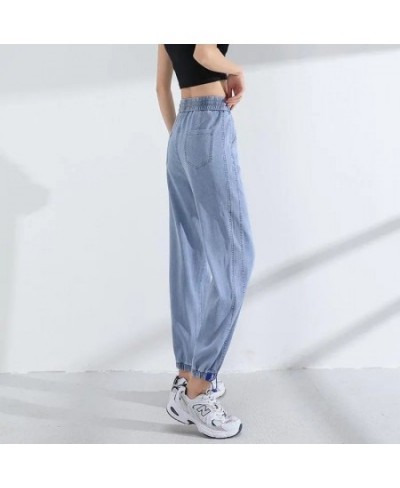 Light Blue Thin High Waist Harem Pants Spring Summer Drawstring Loose Ankle-length Denim Trousers Simple Streetwear Women Pan...