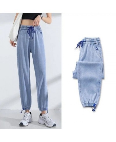 Light Blue Thin High Waist Harem Pants Spring Summer Drawstring Loose Ankle-length Denim Trousers Simple Streetwear Women Pan...