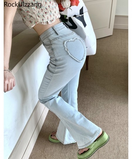 Women Jeans Denim Pant with Heart Fringe Pocket High Waist Flare Trouser Slight Bootcut Bell Bottom pantolon y2k clothes kore...