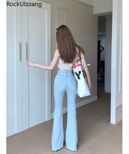 Women Jeans Denim Pant with Heart Fringe Pocket High Waist Flare Trouser Slight Bootcut Bell Bottom pantolon y2k clothes kore...