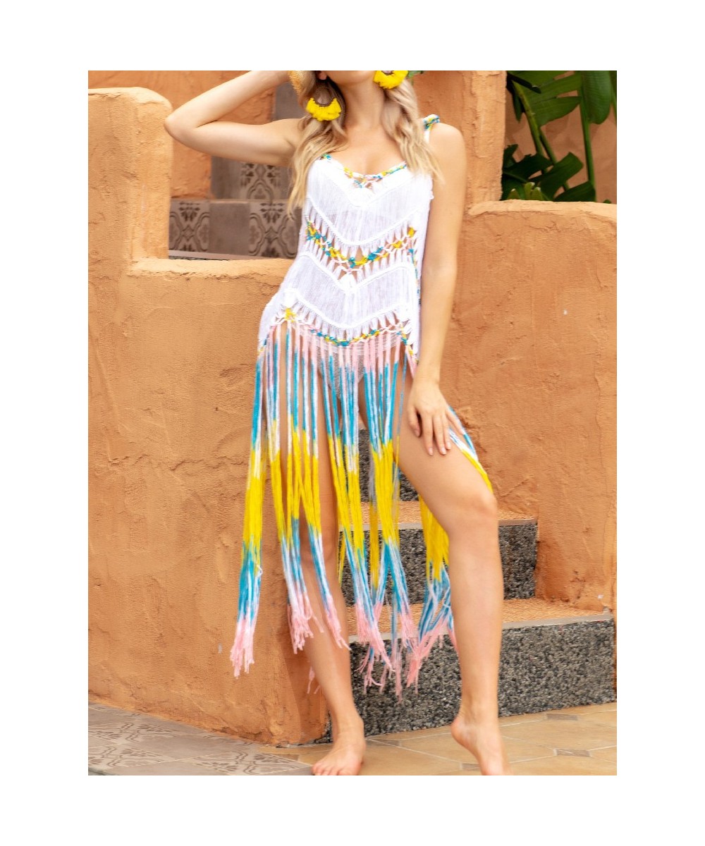 Supper Fringe Beach Dress for Women's 2022 Trend Swimsuit Cover Up White Knitted Cover-ups Maxi Black V Neck Holiday Exits Ca...