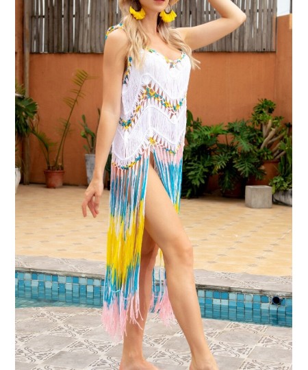 Supper Fringe Beach Dress for Women's 2022 Trend Swimsuit Cover Up White Knitted Cover-ups Maxi Black V Neck Holiday Exits Ca...