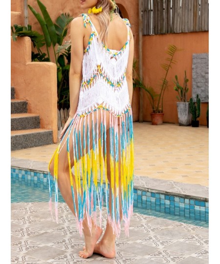 Supper Fringe Beach Dress for Women's 2022 Trend Swimsuit Cover Up White Knitted Cover-ups Maxi Black V Neck Holiday Exits Ca...