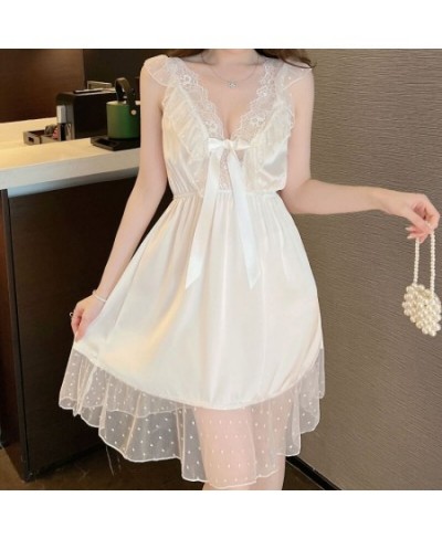 Lace Kimono Dressing Gown Women Sexy Nightgown With Bowknot Summer V-Neck Sleepdress Sleeveless Chemise Nightwear Loungewear ...