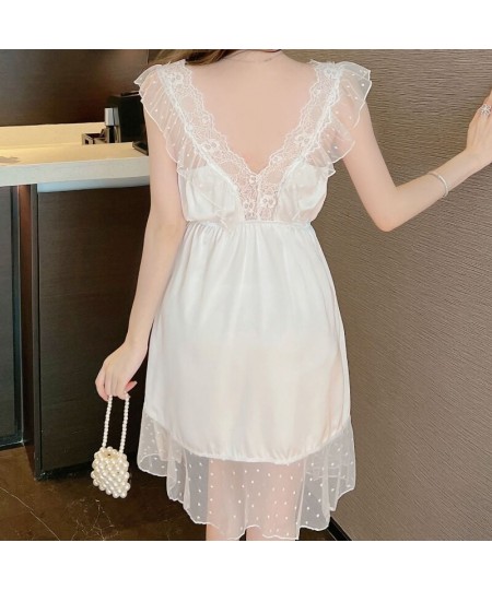 Lace Kimono Dressing Gown Women Sexy Nightgown With Bowknot Summer V-Neck Sleepdress Sleeveless Chemise Nightwear Loungewear ...