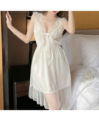 Lace Kimono Dressing Gown Women Sexy Nightgown With Bowknot Summer V-Neck Sleepdress Sleeveless Chemise Nightwear Loungewear ...